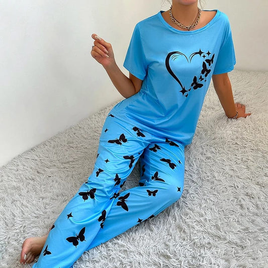 Blue Heart Butterfly Printed Casual PJ