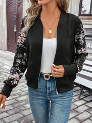 Winter Fleece Floral Printed Jacket For Women - Black