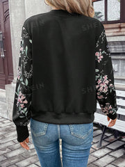 Winter Fleece Floral Printed Jacket For Women - Black