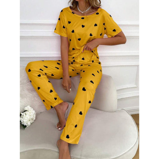 Yellow with Black Hearts Printed PJ Set For Her