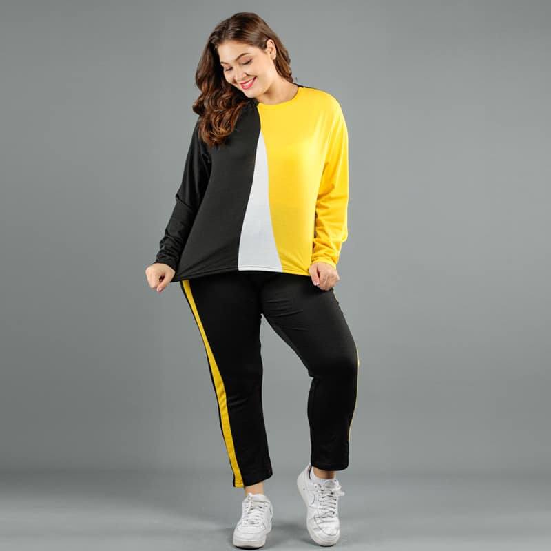 MULTICOLOUR YELLOW STREET PANEL FULL SLEEVES GYM TRACK SUIT FOR WOMEN BY AUA GARMENTS