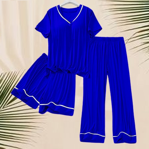 3-Piece Silk Nightwear Set for Women with Elegant White Borders Blue