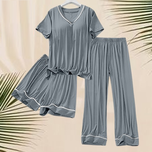 3-Piece Silk Nightwear Set for Women with Elegant White Borders Grey