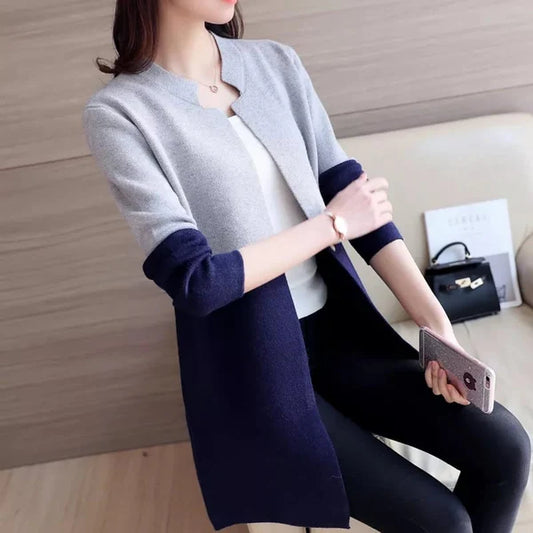 Double Color Women Cardigan Casual Coat - Grey & Navy Blue