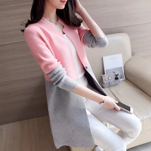 Double Color Women Cardigan Casual Coat - Pink & Grey