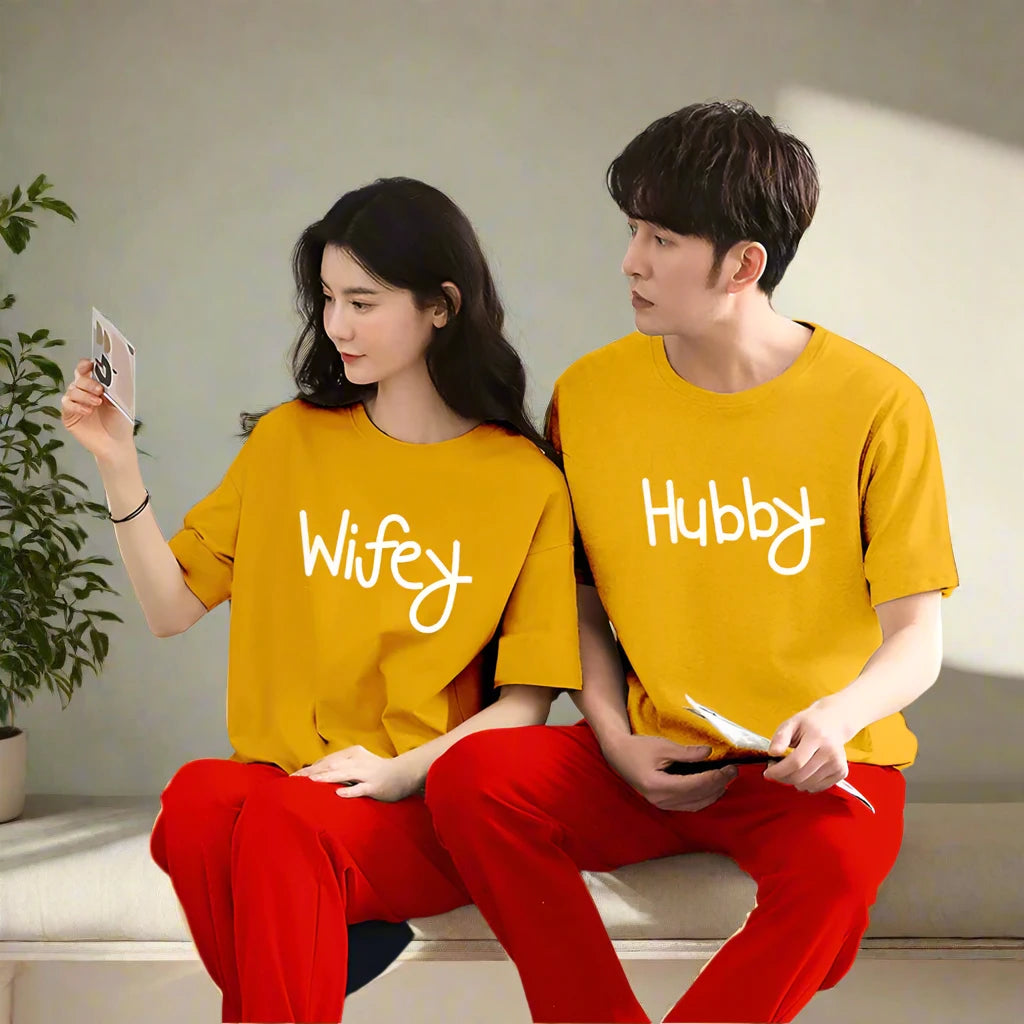 Wifey & Hubby Printed Couple Night Suit for Men and Women Pack of 2 (7 colours)