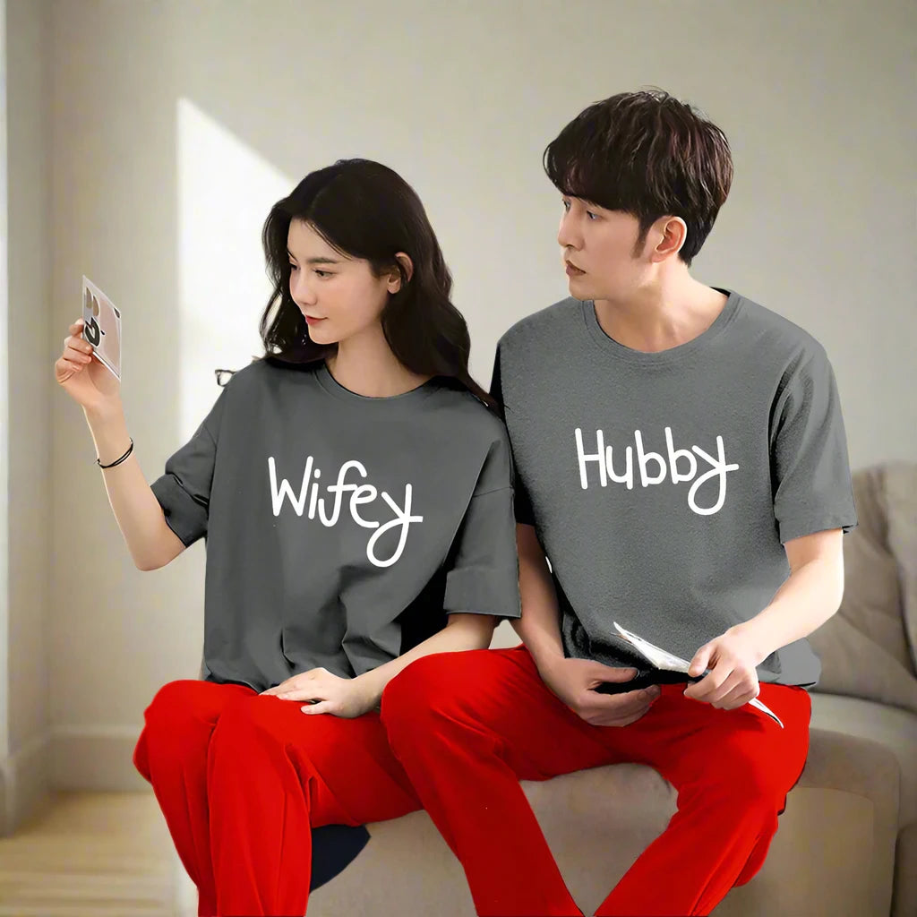 Wifey & Hubby Printed Couple Night Suit for Men and Women Pack of 2 (7 colours)