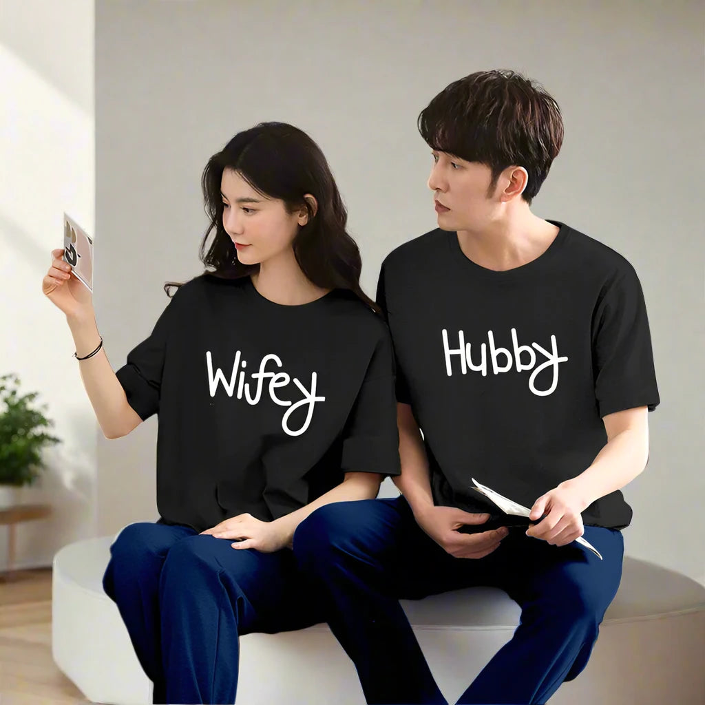 Wifey & Hubby Printed Couple Night Suit for Men and Women Pack of 2 (7 colours)