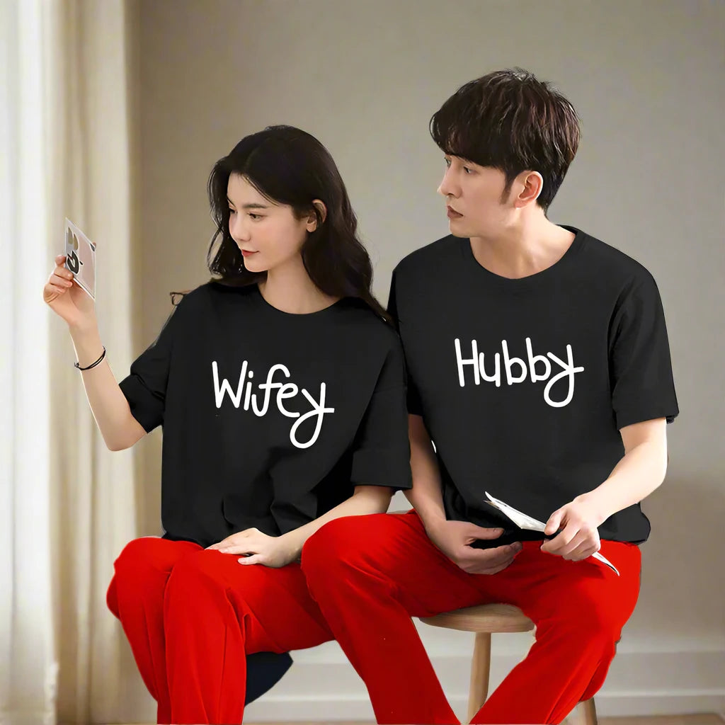 Wifey & Hubby Printed Couple Night Suit for Men and Women Pack of 2 (7 colours)