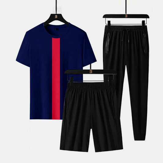 3 piece cross panel tracksuit for men (Panel t shirt + trouser + short)