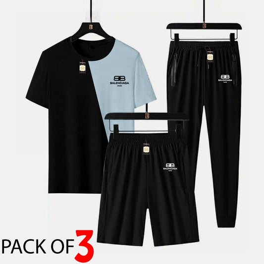 BALENCIAGA Printed 3 piece cross panel tracksuit for men (Panel t shirt + trouser + short)