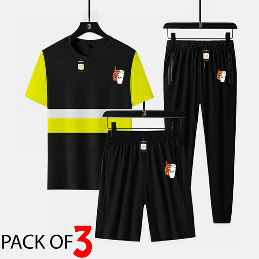 CUP Printed 3 piece cross panel tracksuit for men (Panel t shirt + trouser + short)