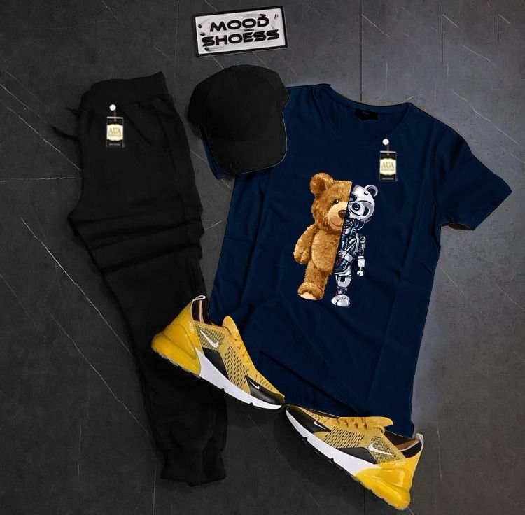 Bear Printed Set Of 3 Tracksuit For Men's (T-Shirt+Trouser+Cap)