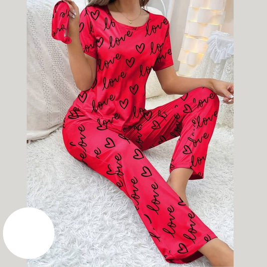 Dark Pink Love Printed Casual PJ Set For Her