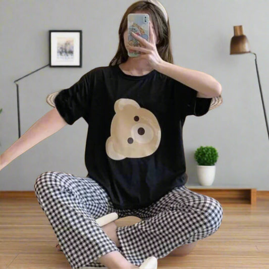 Black Bear Printed Casual PJ Set For Her