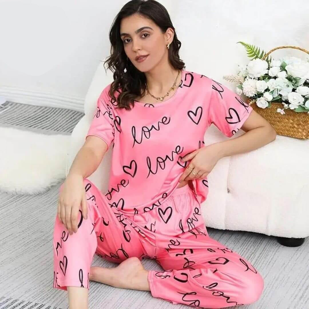 Light Pink Love Printed Casual PJ Set For Her