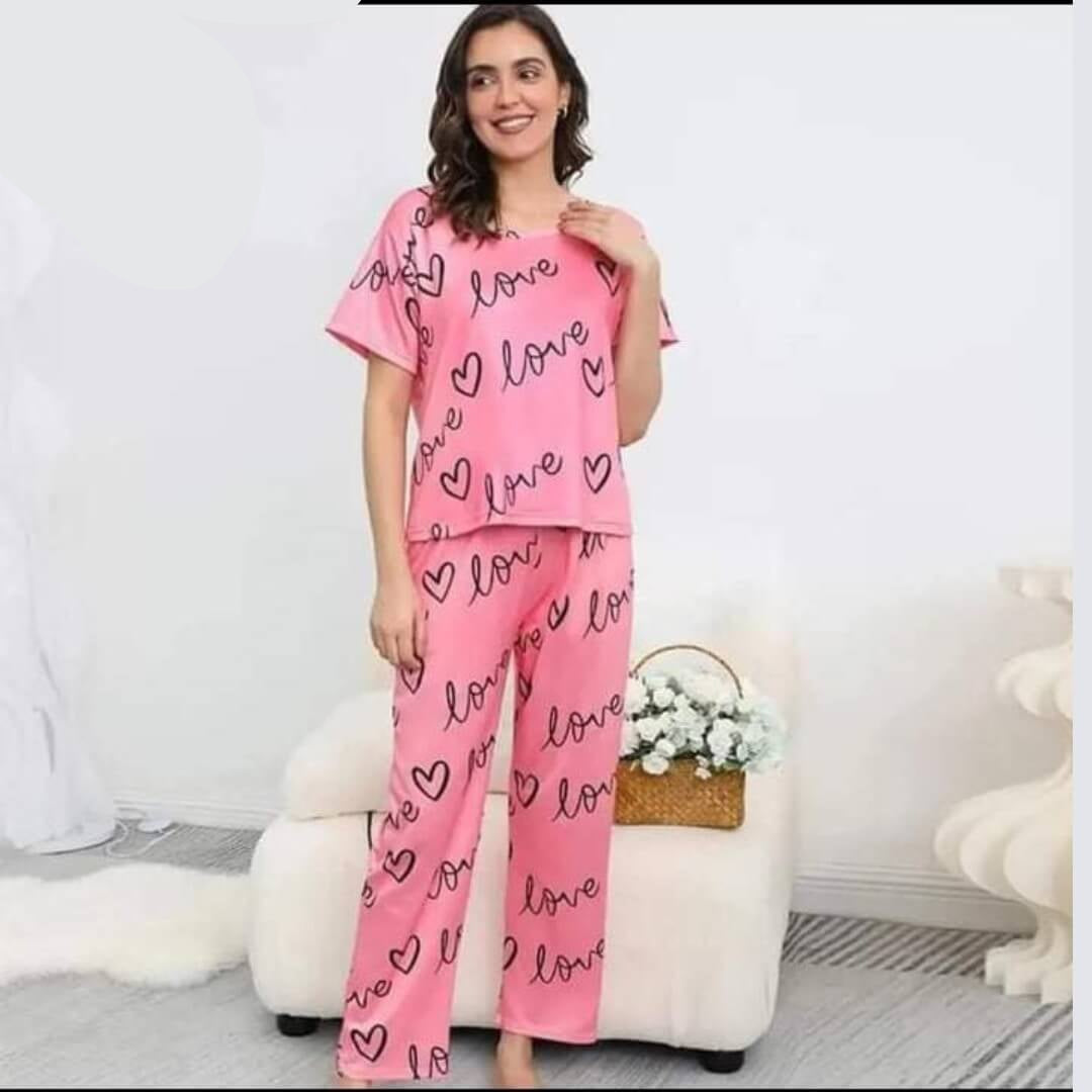 Light Pink Love Printed Casual PJ Set For Her