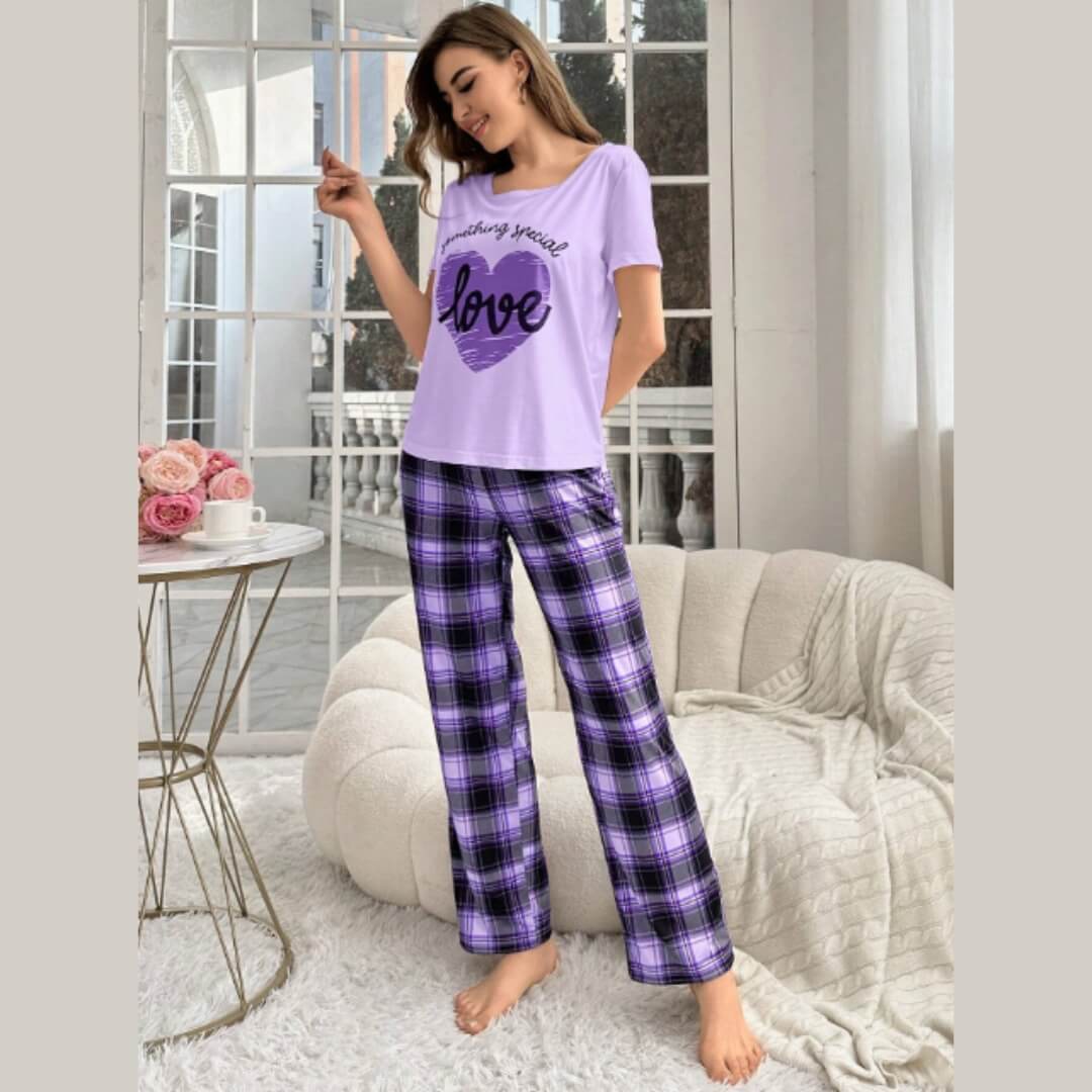 Lilac Love Heart with Cheq Printed PJ Set For Her