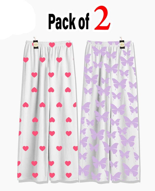 Pack of 2 Women's Nightwear Pajama Set - Pink Mini Heart Purple Butterfly Trouser trouser Print