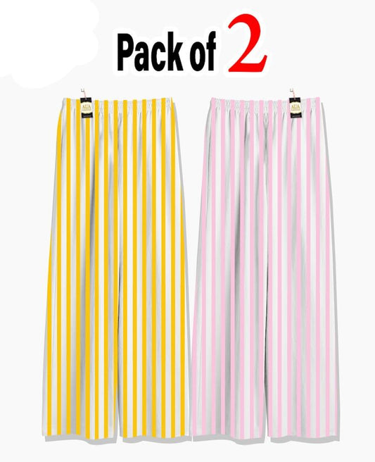 Pack of 2 Women's Nightwear Pajama Set -Yellow & Baby Pink Lining trouser Print