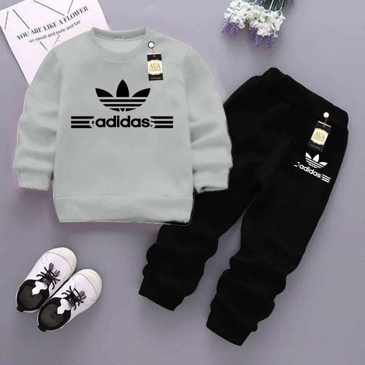 Grey and Black (Addidas) Printed Kids Tracksuit for Winter