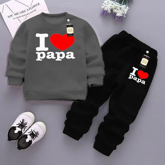 Dark Grey and Black (I love papa ) Printed Kids Tracksuit for Winter