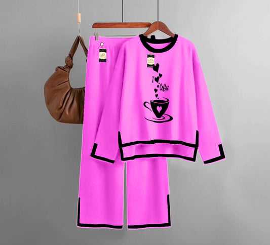 I Love Coffee Turkish Winter Co-Ord Set for Women - Warm & Stylish Loungewear Hot Pink