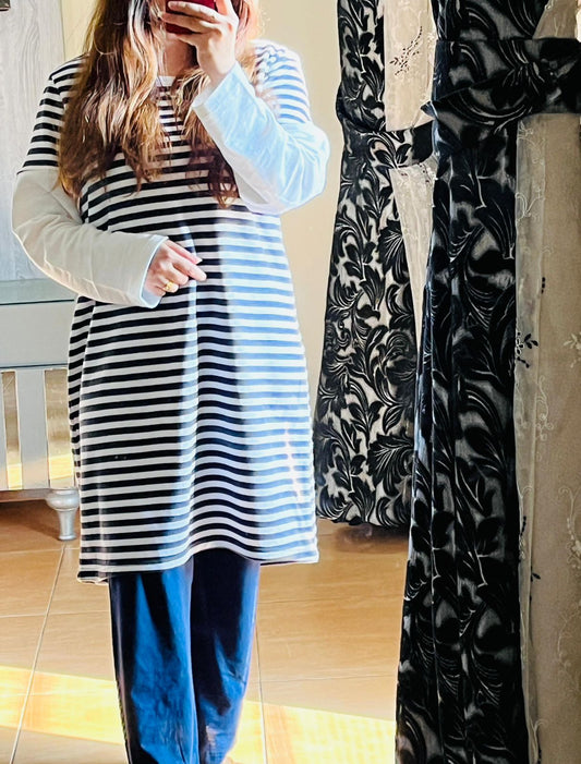 Black & White Striped Lounge Dress with Navy Blue Pants