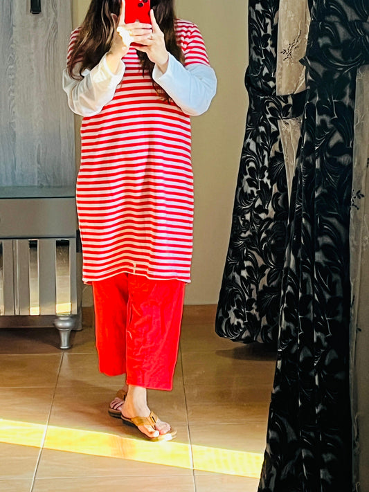 Red & White Striped Lounge Dress with Red Pants