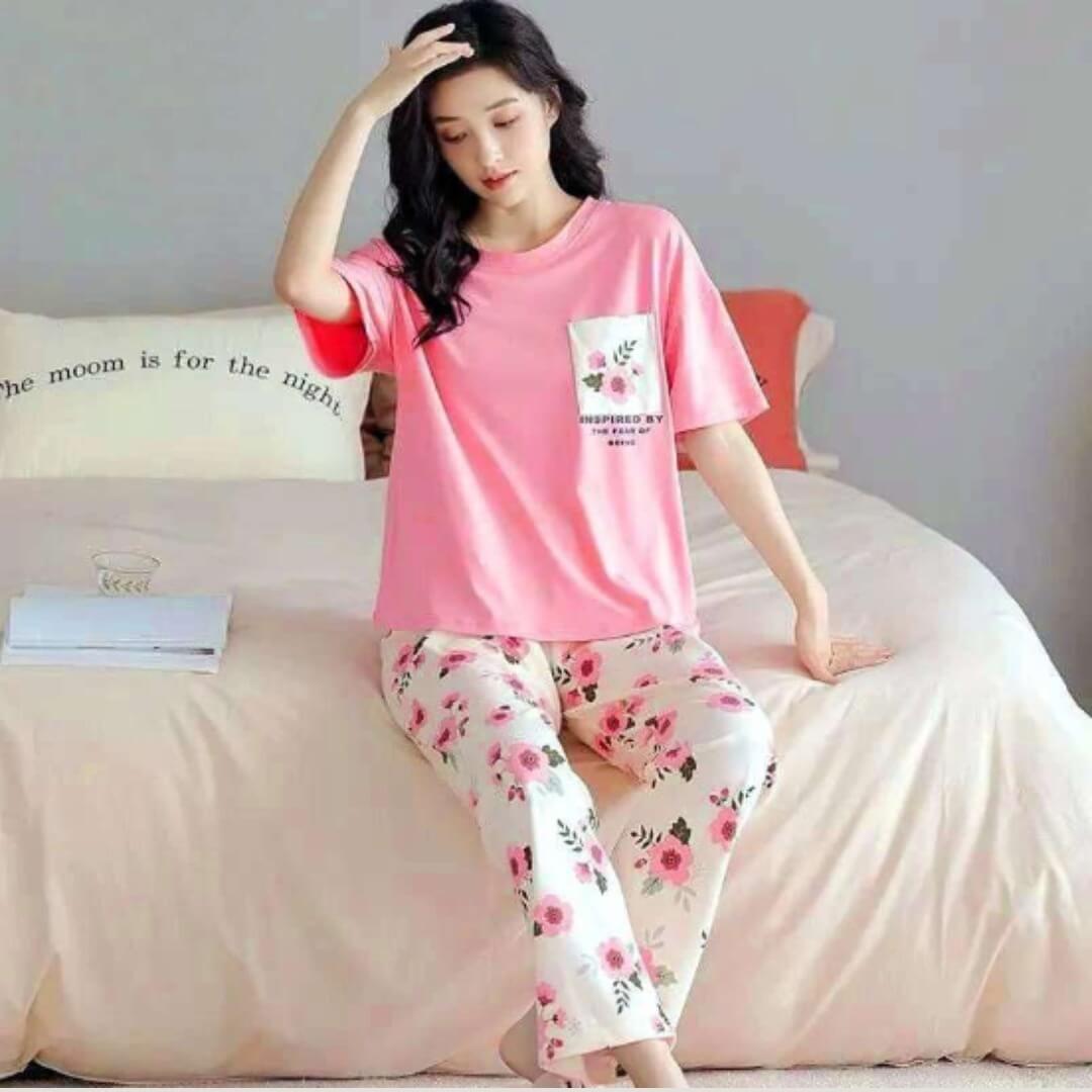 Baby Pink Floral Pocket with White Floral Printed PJ Set For Her