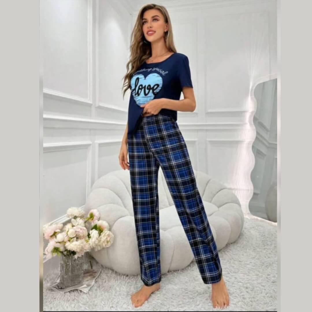 Navy Blue Love Heart with Cheq Printed PJ Set For Her