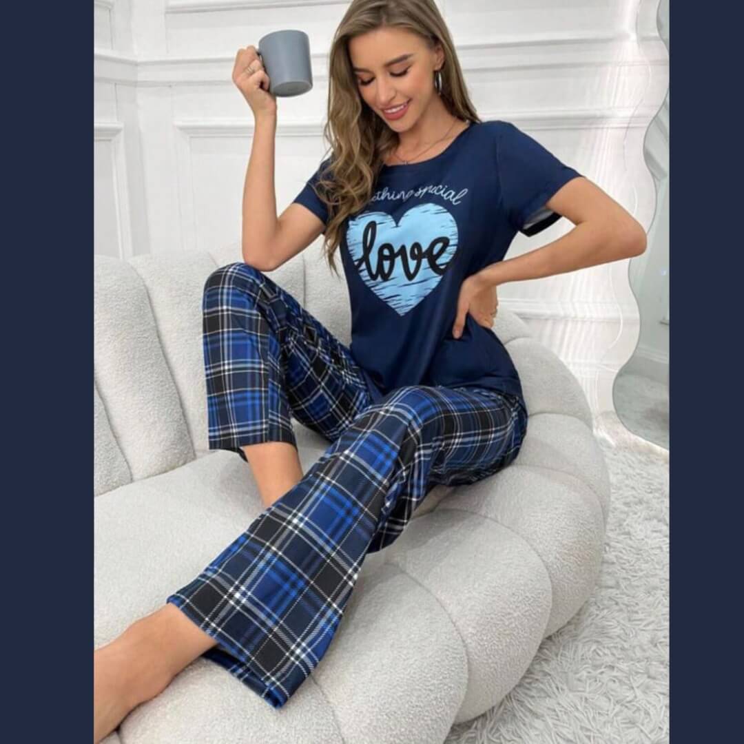 Navy Blue Love Heart with Cheq Printed PJ Set For Her