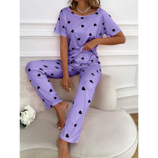 Lilac with Black Hearts Printed PJ Set For Her