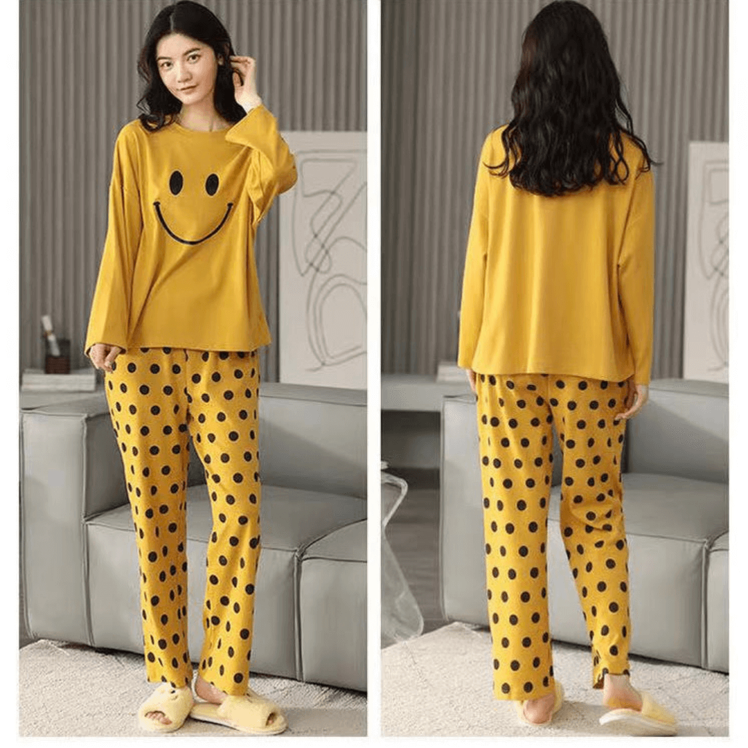 Yellow Smiley Printed Casual PJ Set For Her