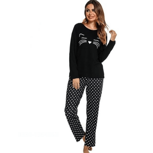 Black Meaow Printed Casual PJ Set For Her