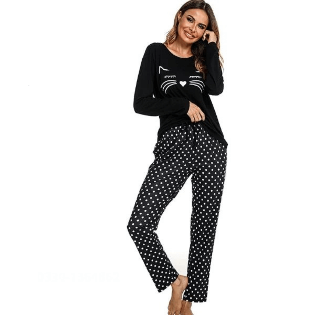 Black Meaow Printed Casual PJ Set For Her